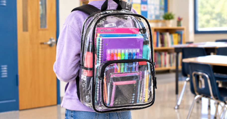 child wearing a clear backpack