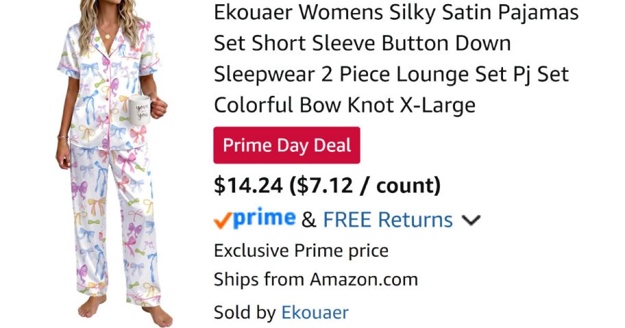 woman wearing silk bow pajamas next to Amazon pricing information