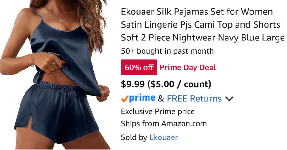 woman wearing navy silk pajamas next to Amazon pricing information