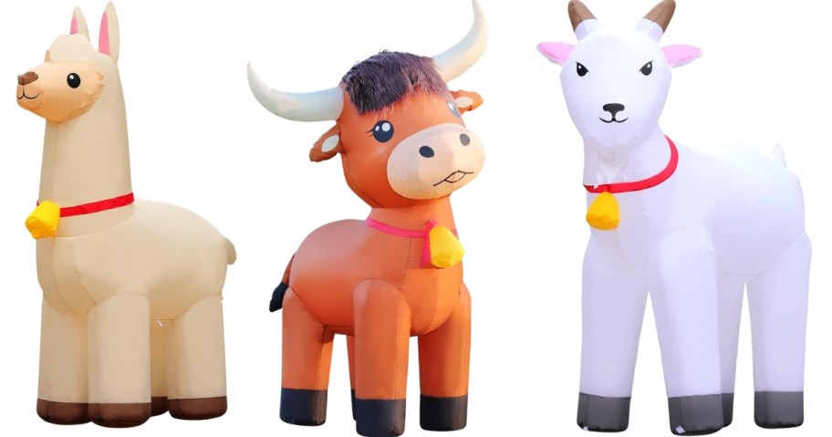 large inflatable farm animals - Alpaca, Highland Cow, and Goat