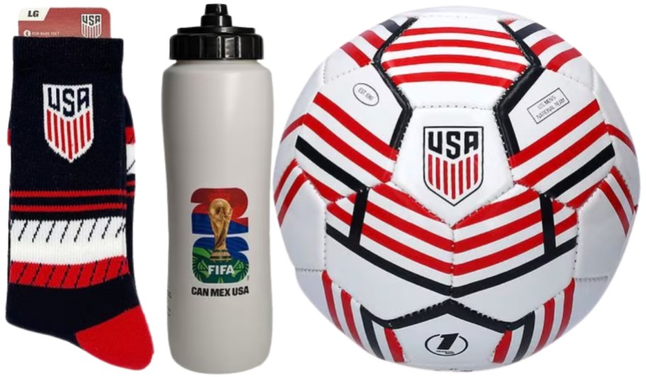fifa socks, water bottle and soccer ball