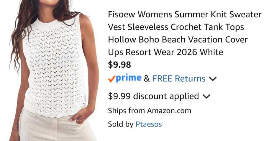 woman wearing white shirt next to Amazon pricing information