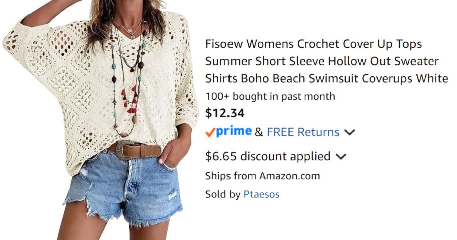 woman wearing crocheted sweater next to Amazon pricing information