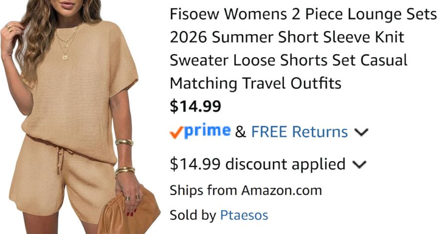 woman wearing tan outfit next to Amazon pricing information
