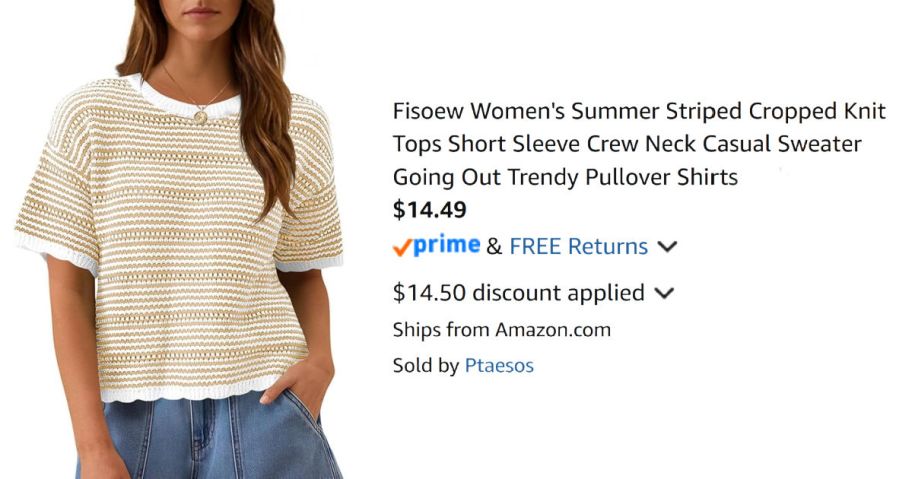 woman wearing striped sweater next to Amazon pricing information