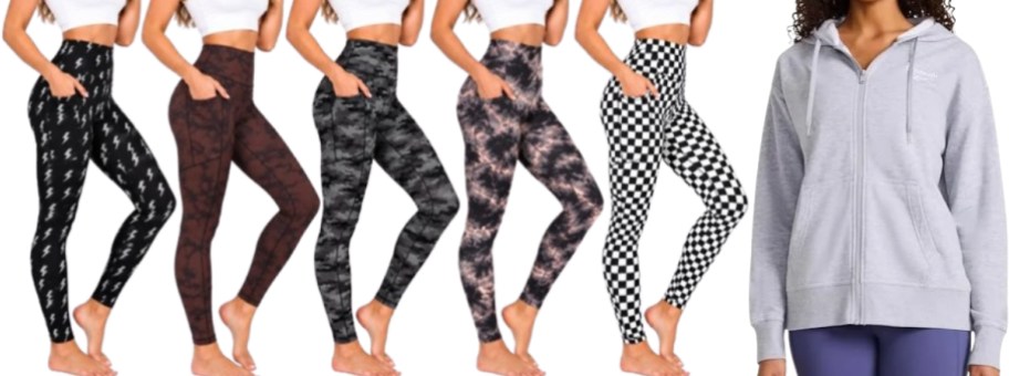 women in leggings and a full zip hoodie
