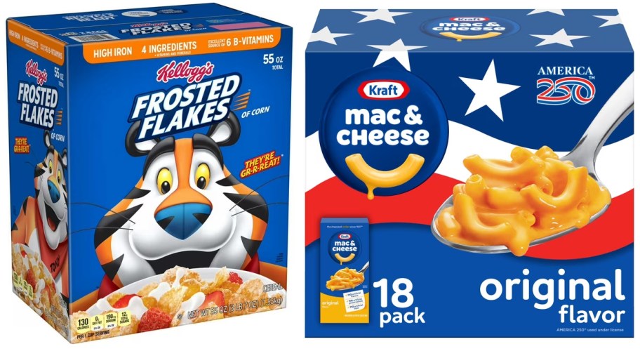 frosted flakes cereal and kraft mac and cheese box 