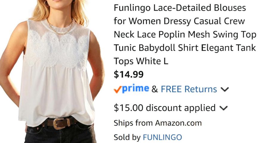 woman wearing white shirt next to Amazon pricing information