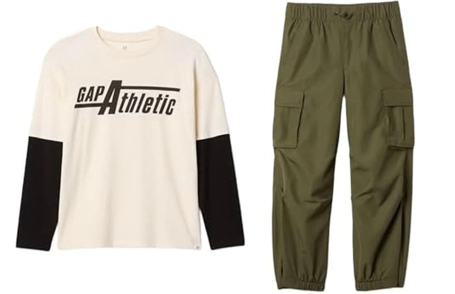 gap boys white long sleeve tee and green pants 