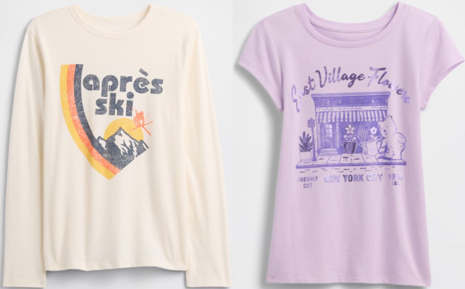 Two t-shirts are displayed side by side. The left shirt is long-sleeved, cream-colored, with a graphic design featuring mountains and the text "apr&egrave;s ski." The right shirt is short-sleeved, light purple, with a vintage-style graphic of a storefront and text.