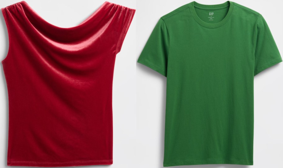 A red off-the-shoulder top next to a green crew-neck t-shirt.