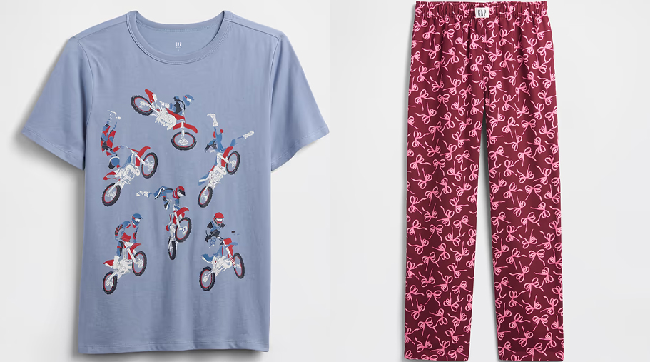 dirtbikes on blue shirt and pink/red pants 
