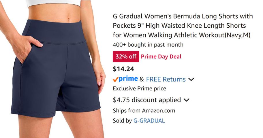 woman wearing blue shorts next to Amazon pricing information