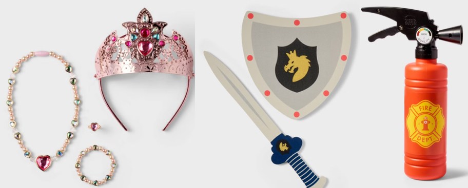 princess crown, sword and shield and fire extinguisher toys 