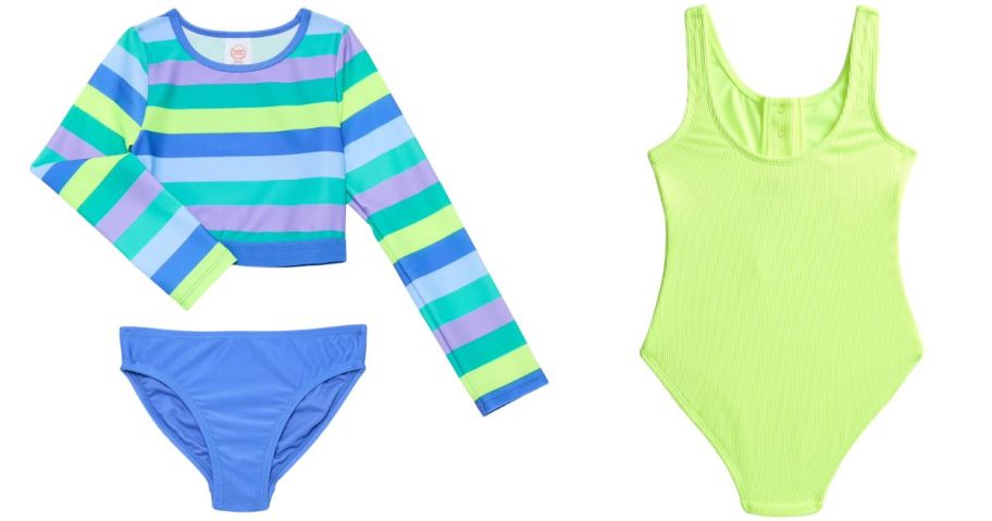 a striped girls swim set and a yellow girls swimsuit