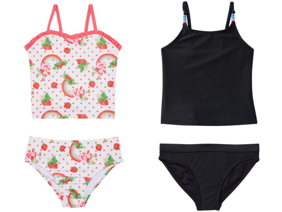 girls strawberry shortcake tankini swim set and a black tankini swim set