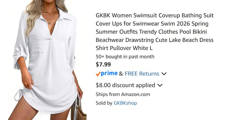 woman wearing white shirt dress next to Amazon pricing information