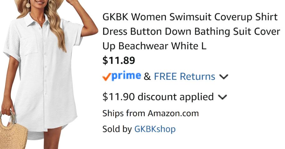 woman wearing white shirt dress next to Amazon pricing information