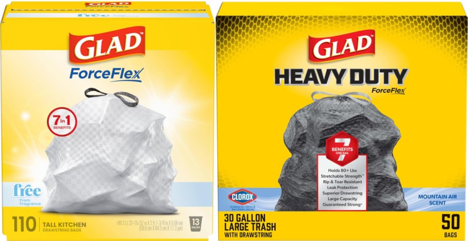 Two boxes of Glad ForceFlex trash bags side-by-side: a 110-count box of fragrance-free 13-gallon tall kitchen bags and a 50-count box of Mountain Air scent 30-gallon heavy duty large trash bags.
