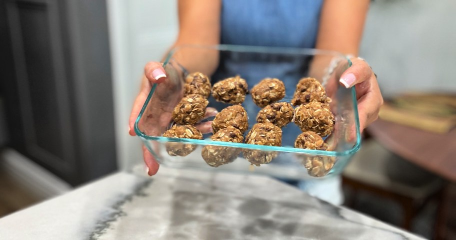 glass comtainer with high protein oatmeal bites snack 