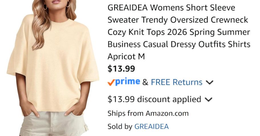 woman wearing pale yellow sweater next to Amazon pricing information