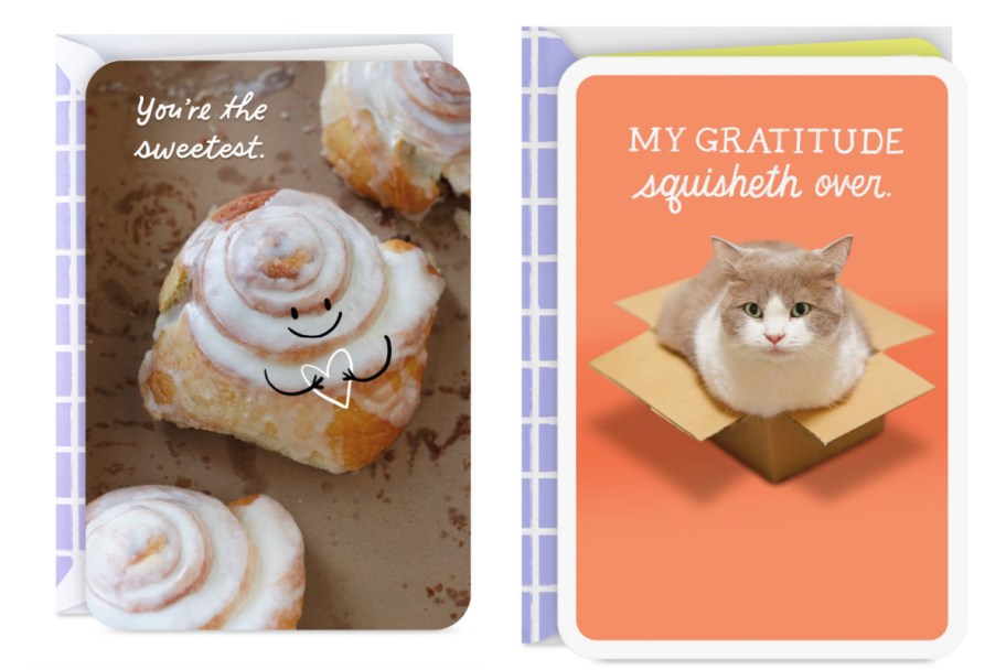 cat and cinnamon roll thank you cards