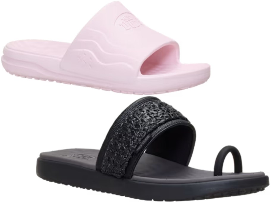 pink womens slide shoe and black toe ring sandal