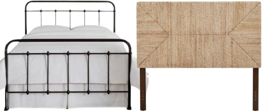 a queen woven headboard and black metal king bed