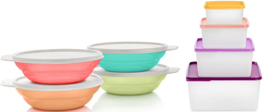 A collection of plastic food storage containers featuring four colorful round bowls with white lids and a stack of four translucent rectangular containers with colorful lids.