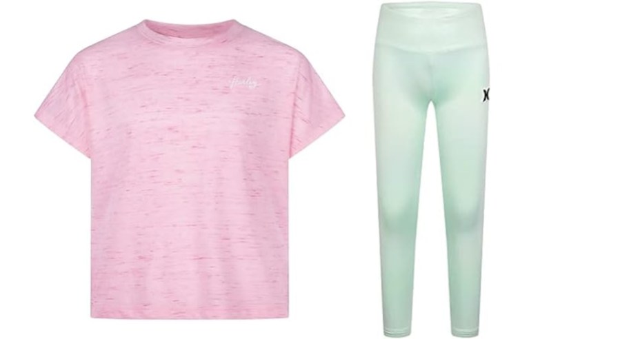 girls pink tee and green leggings