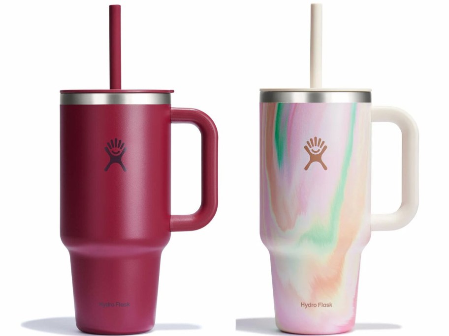 red and rainbow colored tumblers 