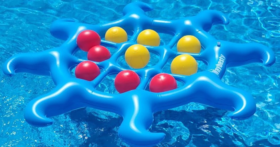 inflatable tic tac toe game in a swimming pool