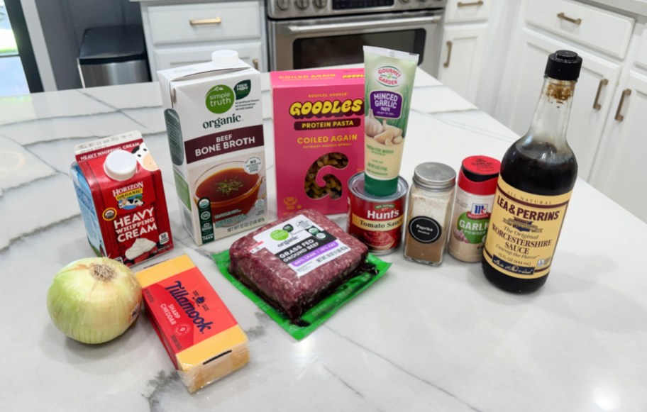 ingredients to make hamburger helper on the counter