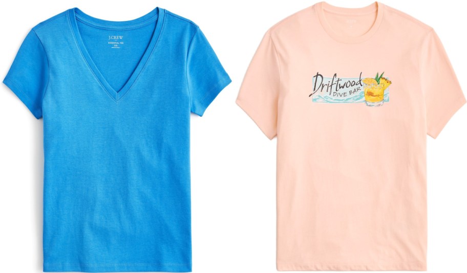 A solid bright blue v-neck t-shirt next to a light peach crewneck t-shirt featuring a "Driftwood Dive Bar" graphic with a tropical drink against a white background.