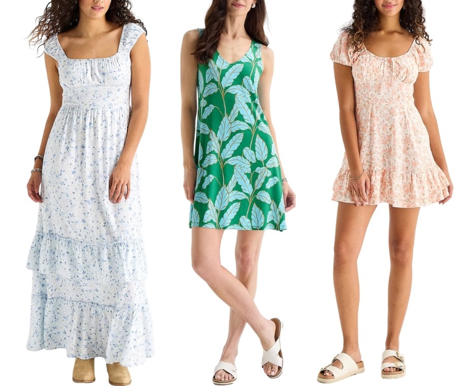 3 womens wearing floral print summer dresses