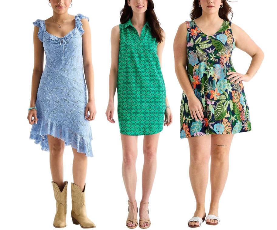 3 womens wearing sleeveless sundresses