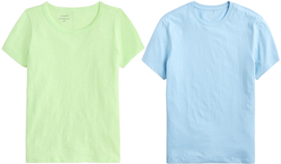 Two t-shirts, one in light green and the other in light blue.
