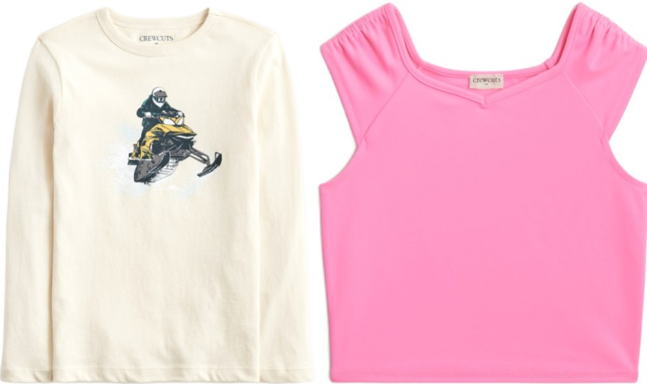 A long-sleeve cream shirt with a snowmobiler graphic on the front and a pink sleeveless top with a gathered neckline.