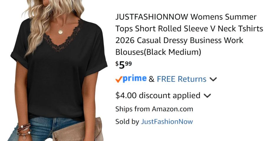 woman wearing black shirt next to Amazon pricing information