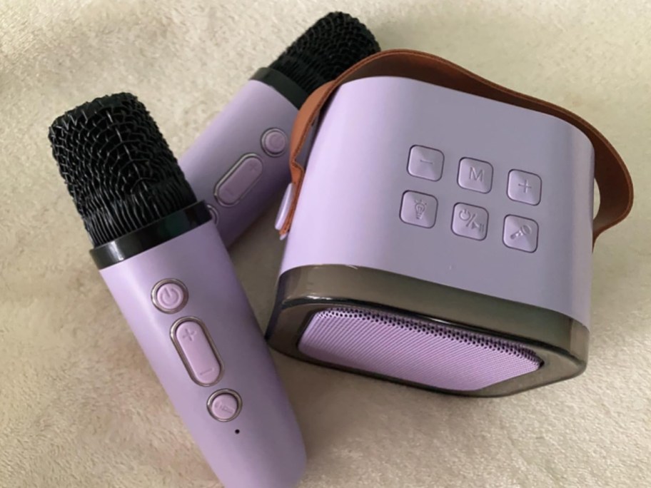 purple karaoke machine with two mics