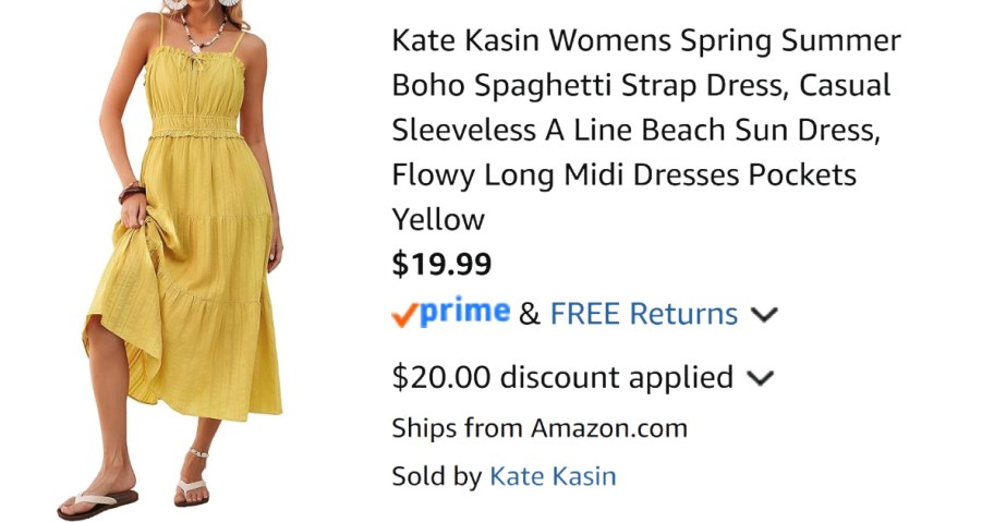 woman wearing yellow dress next to Amazon pricing information