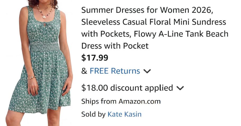 woman wearing green dress next to Amazon pricing information