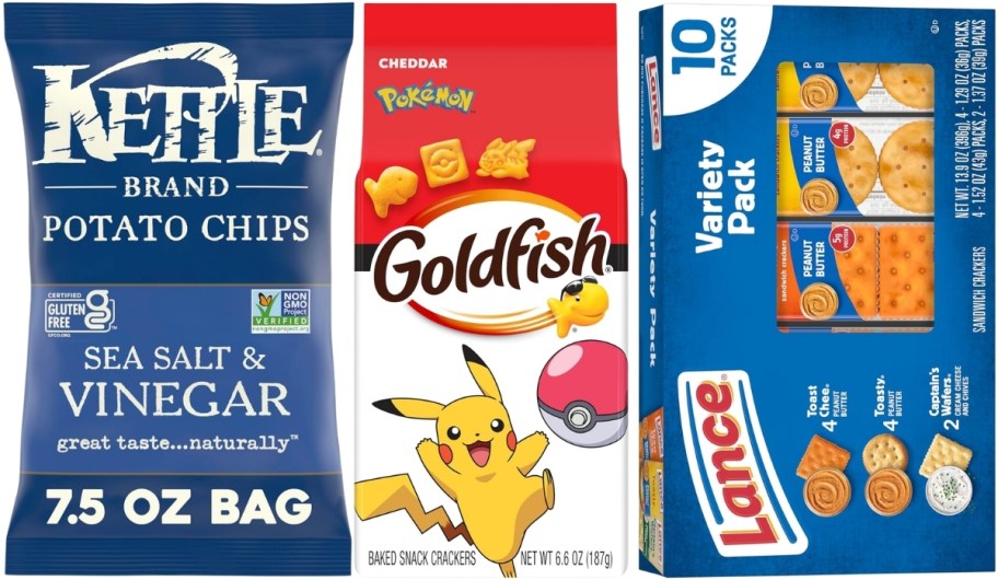 a bag of chips a bag of goldfish crackers and a variety box of sandwich crackers