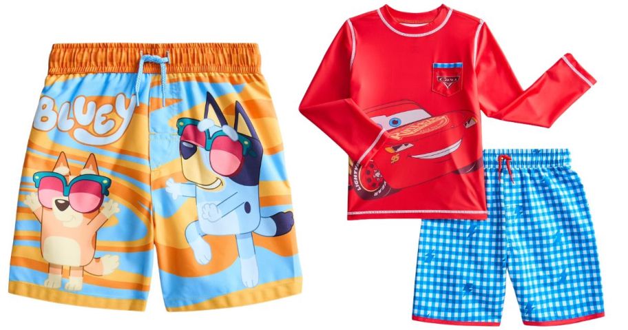 kids bluey swim trunks and cars swim set