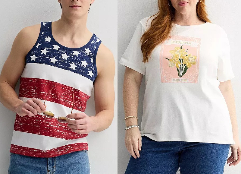 Two models shown side-by-side: a man wearing a distressed American flag print tank top holding sunglasses, and a woman wearing a white t-shirt featuring a yellow daffodil graphic.