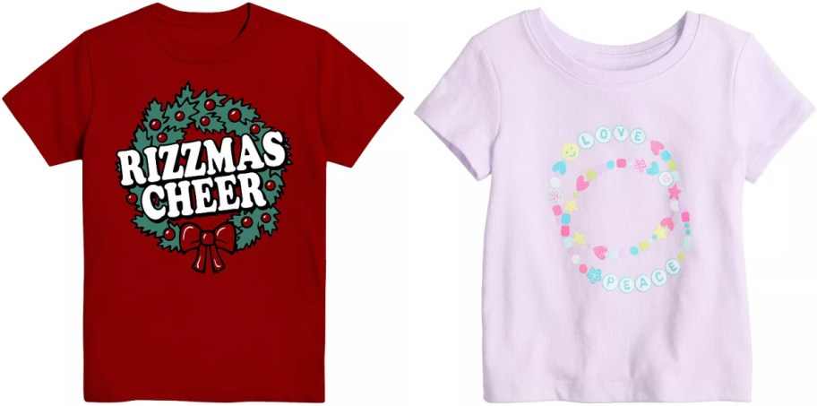 Two t-shirts: one red with a holiday wreath and "RIZZMAS CHEER" text, and one light purple with a pastel floral ring and "LOVE PEACE" text.