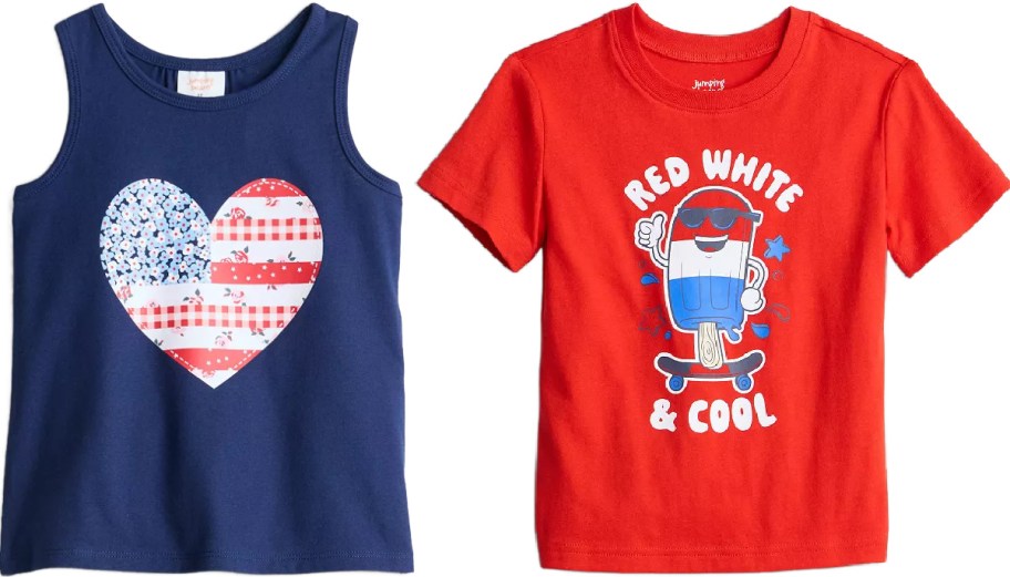 Children's summer clothing featuring a patriotic heart tank top and a fun red t-shirt with a cool popsicle graphic.