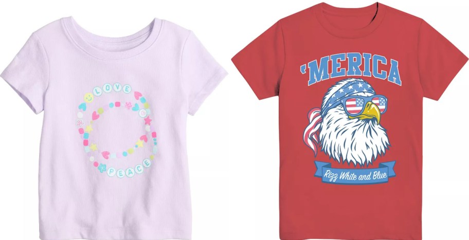Two graphic t-shirts side-by-side: a light purple shirt featuring a pastel "Love Peace" beaded necklace design, and a red shirt displaying a bald eagle wearing American flag sunglasses and a bandana with the text "'MERICA" and "Rizz White and Blue".