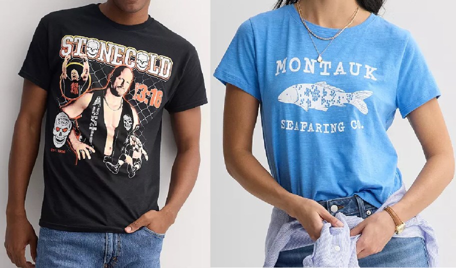 Two people stand side by side; one wears a black "Stone Cold 3:16" graphic tee, and the other wears a blue "Montauk Seafaring Co." t-shirt with a fish graphic.