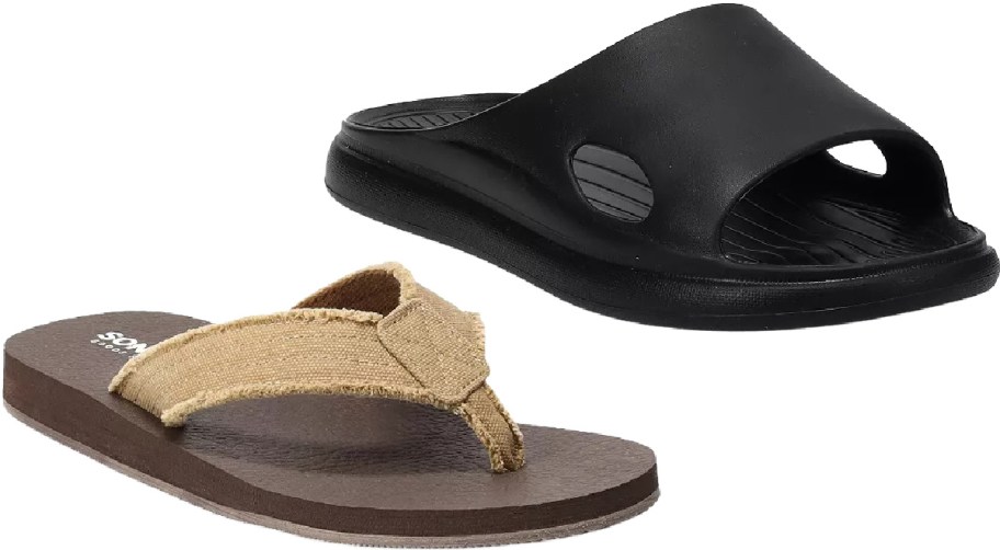 A pair of men's sandals featuring a black slide sandal on the right and a brown flip-flop with a tan canvas strap on the left.